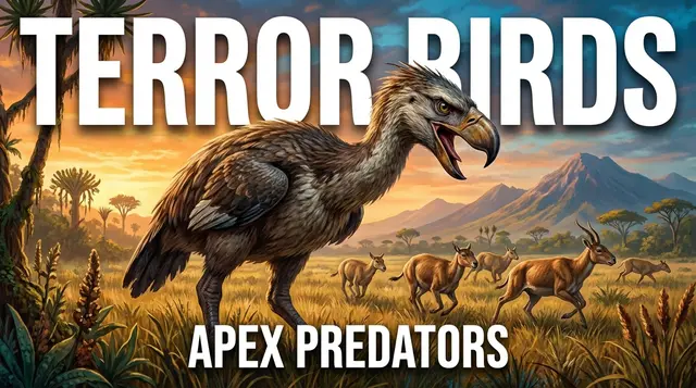 AI-generated thumbnail: terror bird hunting on the savanna